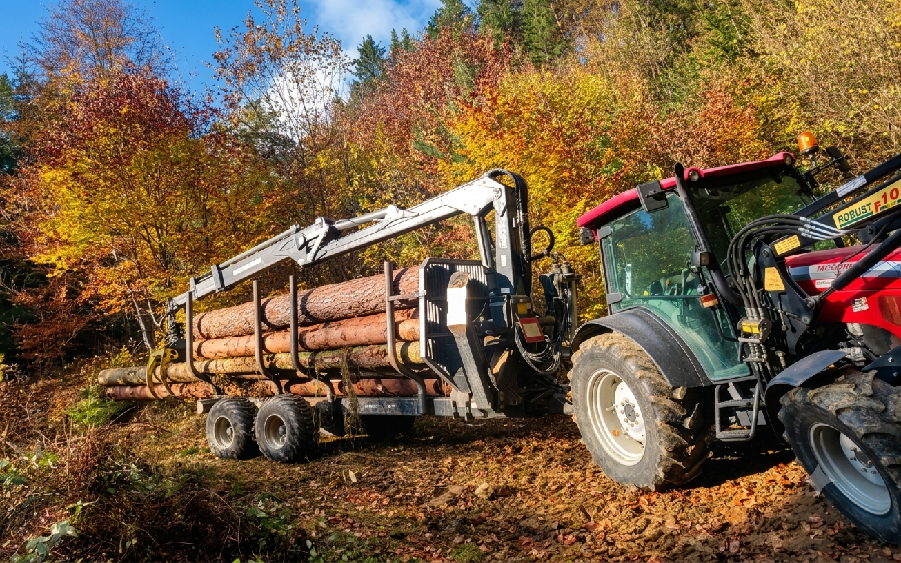 Holzbringung mit Traktor und Holzanhänger im Wald